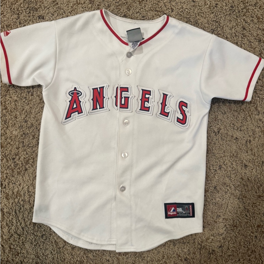 Youth medium Angels Baseball Jersey - Mike trout. White and Red